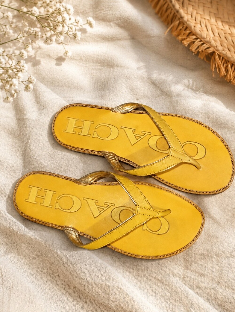 Y2K Coach Butter Yellow Leather Flip Flops Sandals Summer Boho